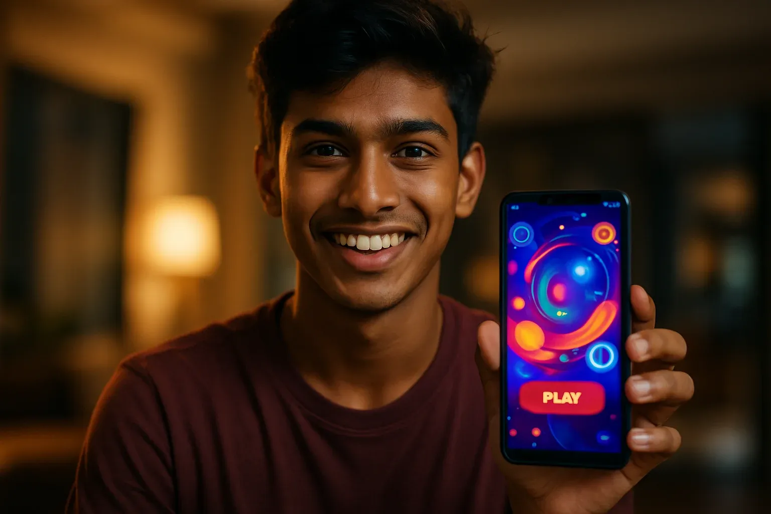 Smiling Bangladeshi young man holding smartphone showing colorful gaming app interface