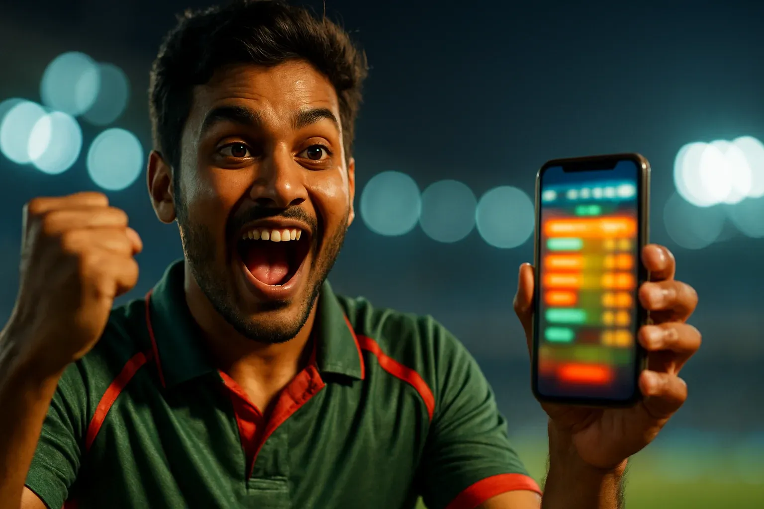 Excited Bangladeshi man cheering, holding smartphone with glowing sports betting interface