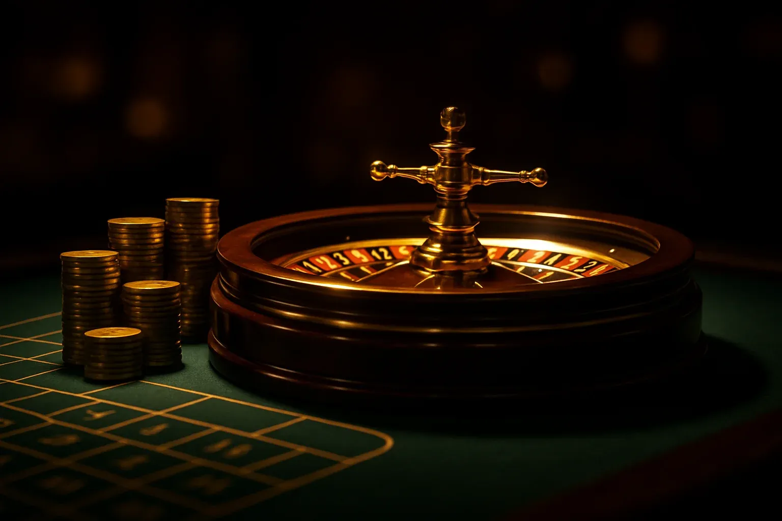 Hyperrealistic live casino roulette table with golden chips and warm lighting