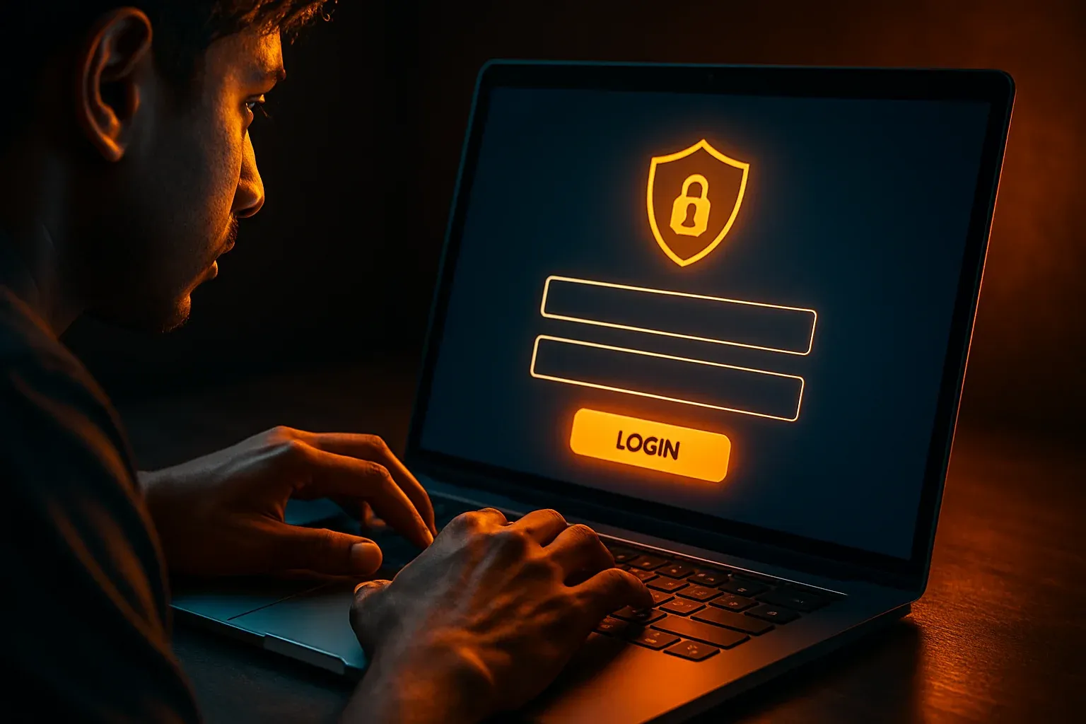 Young Bangladeshi man hands on laptop showing stylized login form