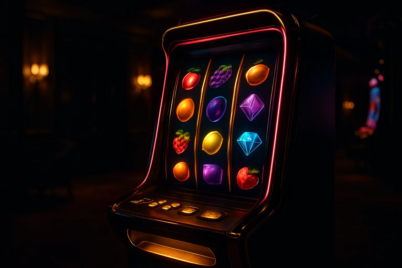 Hyperrealistic wide shot of premium slot machine in dark luxury casino